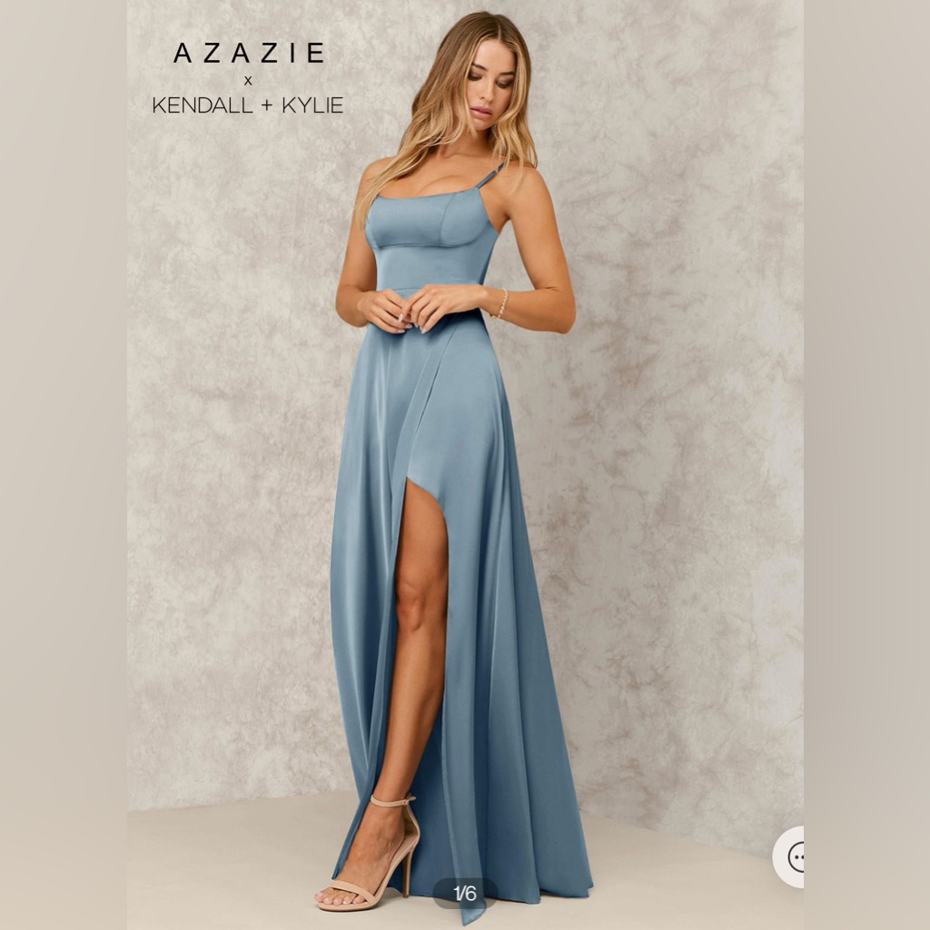 Nwt Azazie A-Line Side Slit Stretch Satin Floor-Length Dress